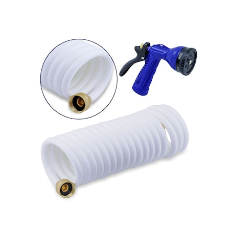 Whitecap 15 ft L Coil Hose W/ Adjustable Nozzle, Polyurethane Tube, White P-0440